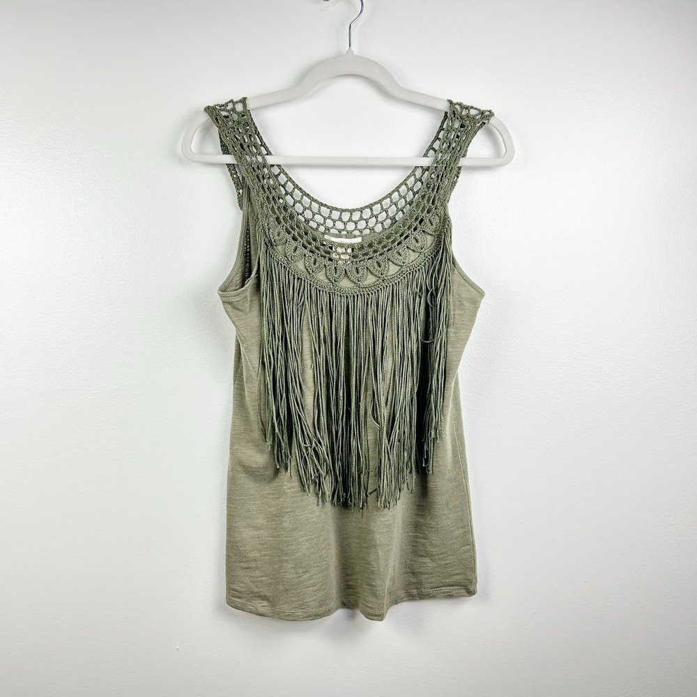 Sundance Olive Green Fringe Crochet Cotton Tank Top Size Small